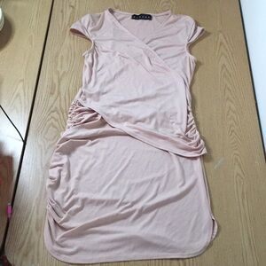 Womens Sabora Dress Wrapped Ruched with V-Neck and Cap Sleeves Pink Beige Medium